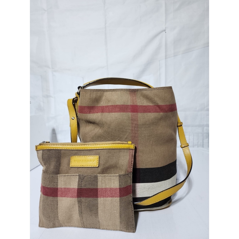 BURBERRY Canvas Mega Check Medium Ashby Hobo Saddle Bag Yellow/Beige